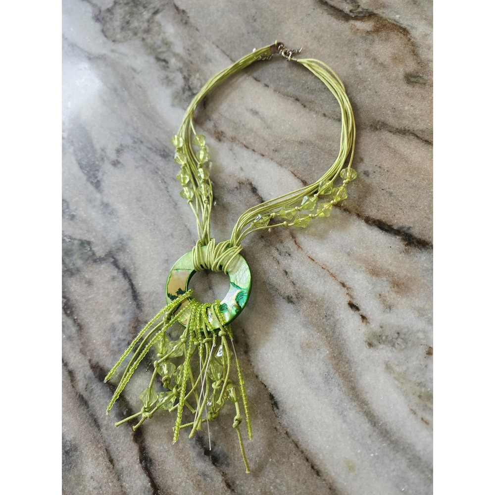 Boho Lime Green Multi Strand Cord Shell Ring Statement Necklace Beaded Fringe